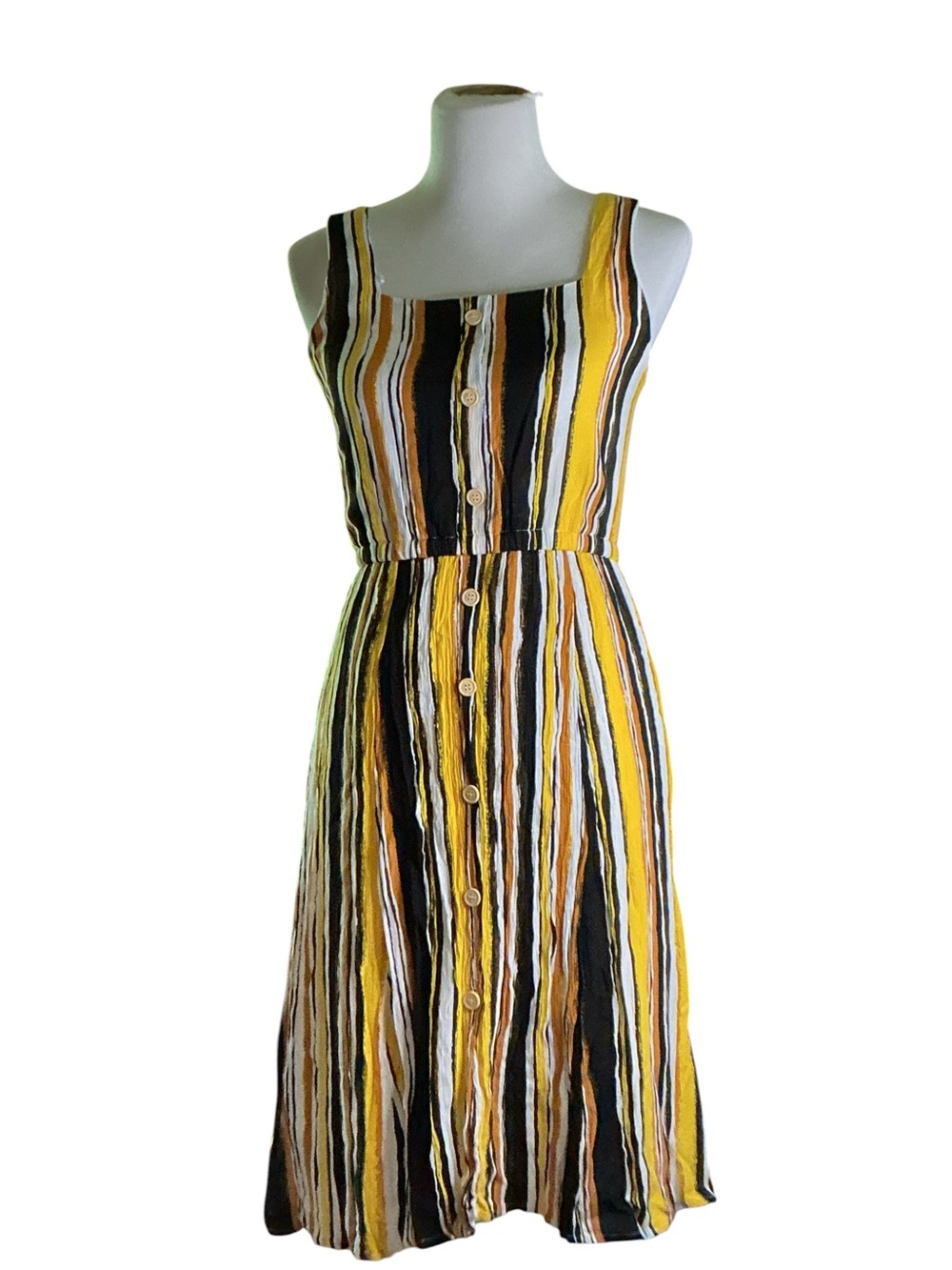 Button-Front Striped Midi Dress in Yellow & Black